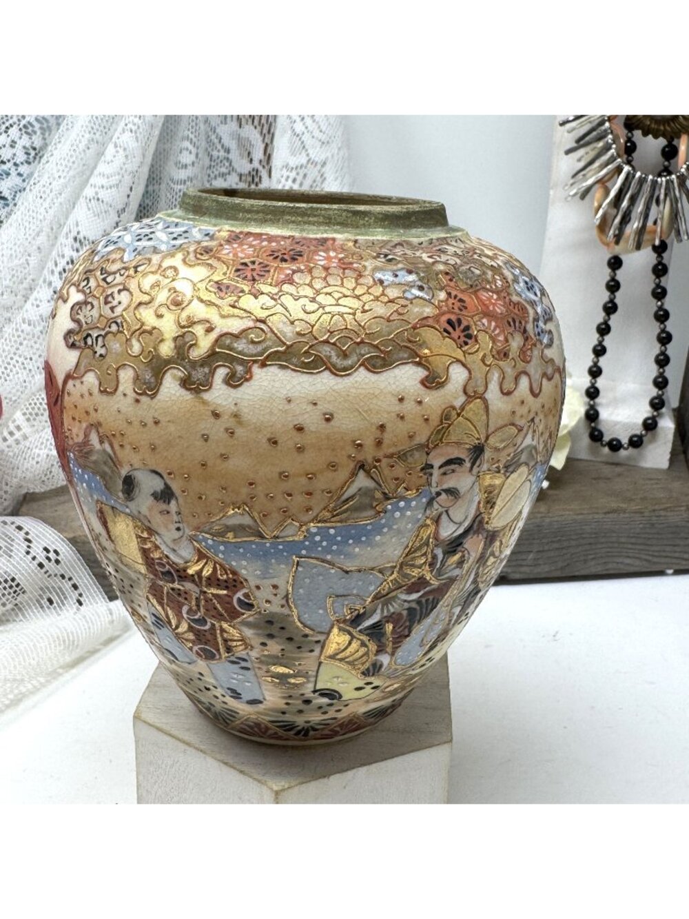 Hand-Painted Japanese Satsuma Style Ceramic Vase With Gilded Detailing & Warrior